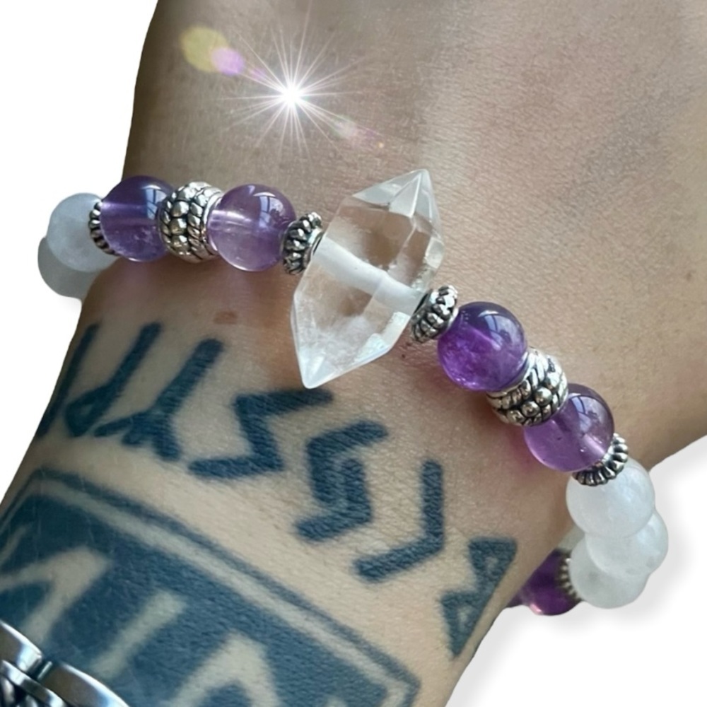 Double point crystal quartz crystal with amethyst & white agate gemstones beads - Picture 2 of 16